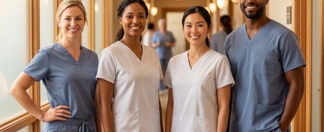 Experienced hair restoration clinic staff standing together, reflecting how team experience matters for patient results.