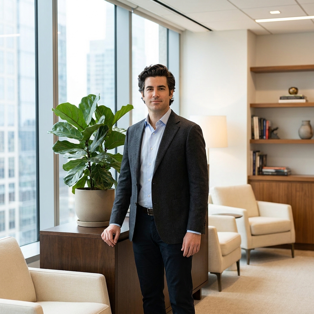 Confident man in modern consultation office representing positive Charles Medical Group hair restoration reviews patient outcomes