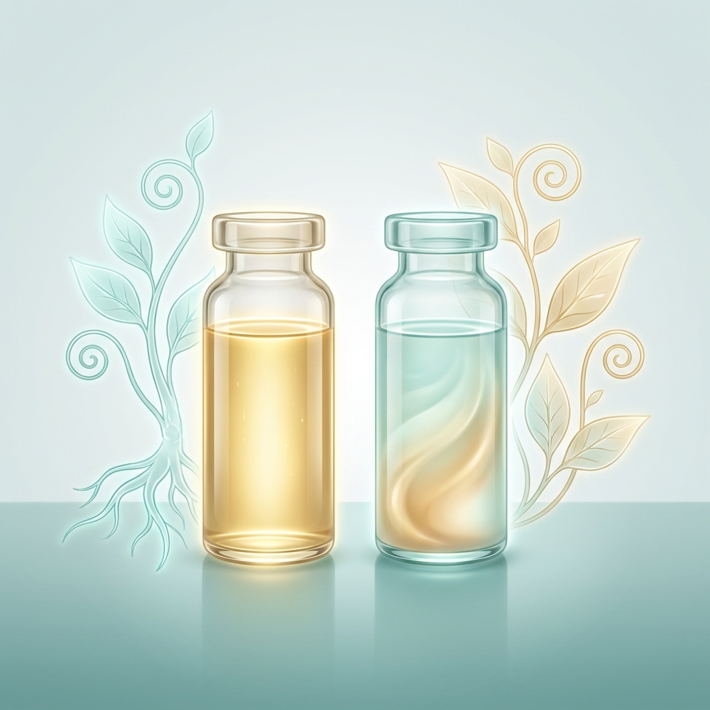 Conceptual illustration comparing standardized serum and variable plasma for Alma TED hair restoration vs PRP treatment