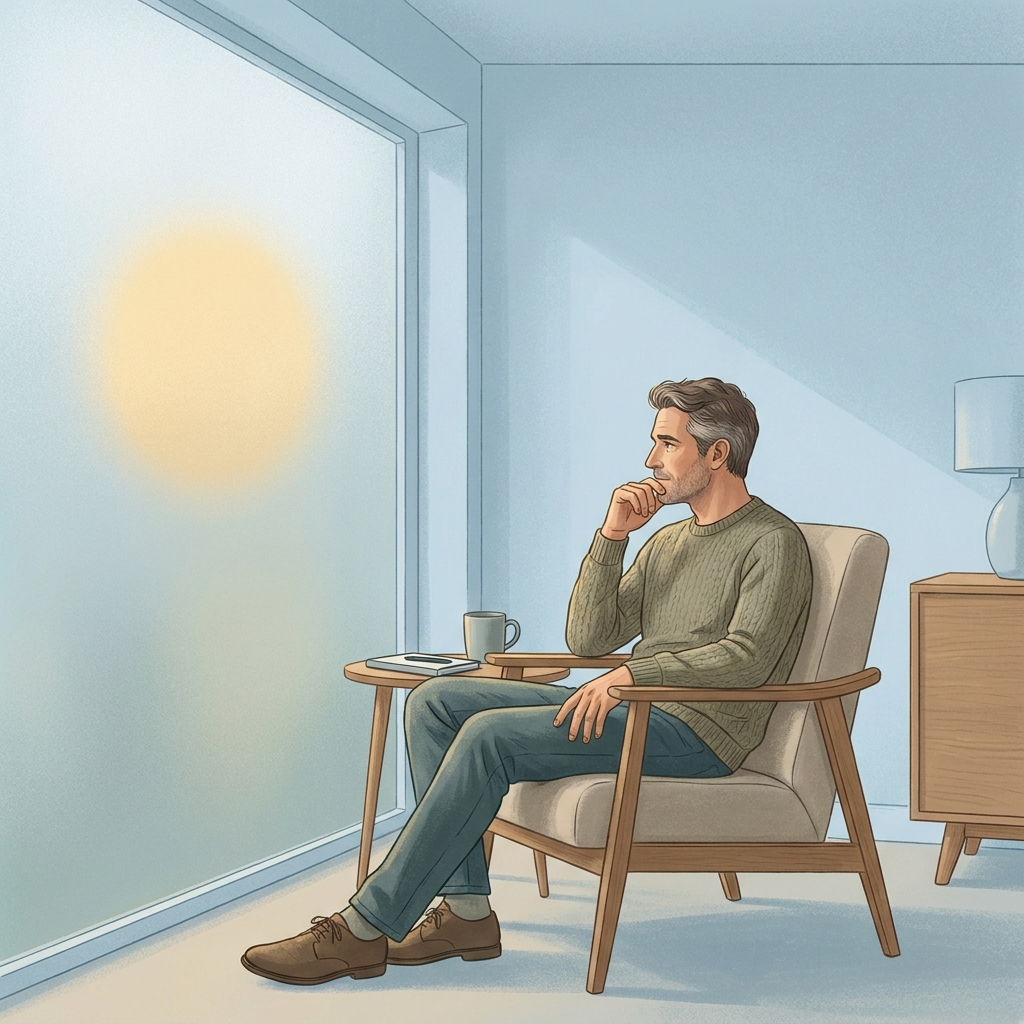Man reflecting thoughtfully in a modern consultation room, representing hair transplant realistic expectations before surgery