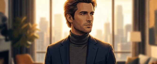 Confident man in his 40s considering a hair transplant, standing in warm golden light with a composed, assured expression.
