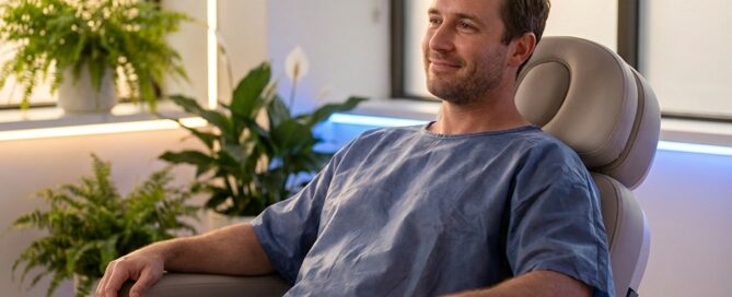 Relaxed patient in a modern clinic chair, conveying calm confidence during a hair transplant surgery step-by-step procedure day