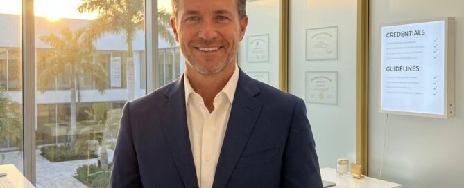 Confident man in modern Boca Raton hair restoration consultation office, representing informed review of Dr. Glenn Charles credentials