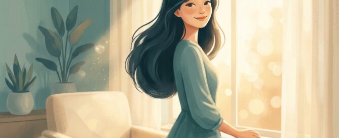 Confident woman with healthy hair in a calm consultation setting, representing postpartum hair loss treatment guidance
