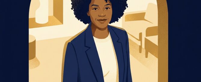 Confident person with natural-looking full hair in warm editorial illustration for hair transplant before and after gallery realistic results