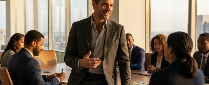 Confident man leading a boardroom meeting, illustrating hair transplant men confidence and career impact patient stories