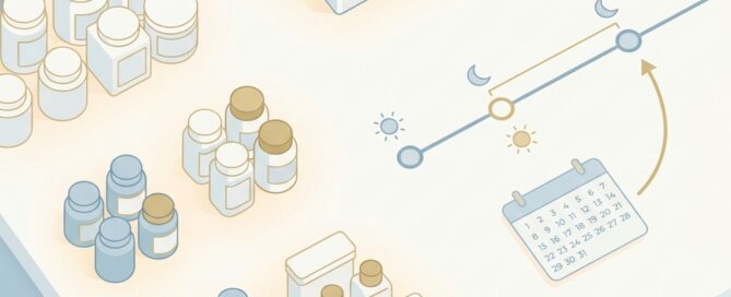 Organized medication categories arranged on a timeline for hair transplant pre-procedure planning