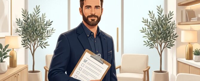 Man reviewing a vetting checklist in a modern FUE hair transplant clinic consultation office