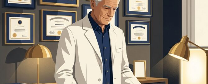 Experienced hair transplant surgeon reviewing training credentials, illustrating the stages of hair transplant surgery training how surgeons learn the procedure.
