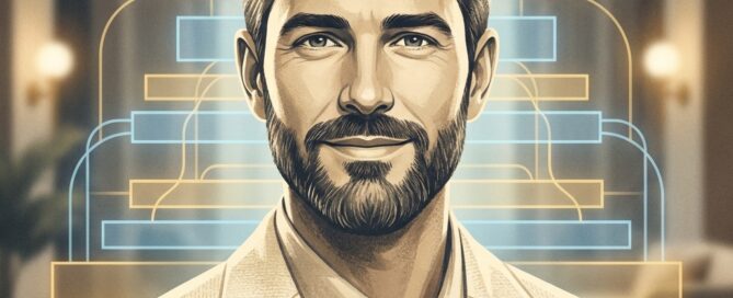 Confident man with healthy hair beside a glowing tiered framework representing hair loss medication candidacy stages