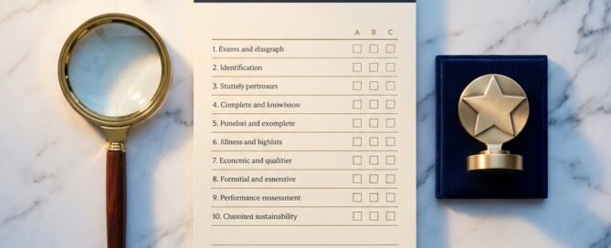 Evaluation matrix checklist and gold star on marble surface representing criteria for comparing FUE hair transplant clinics