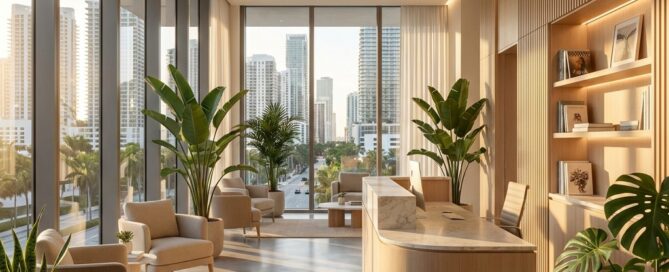 Modern hair restoration clinic Miami Brickell location interior with South Florida skyline views