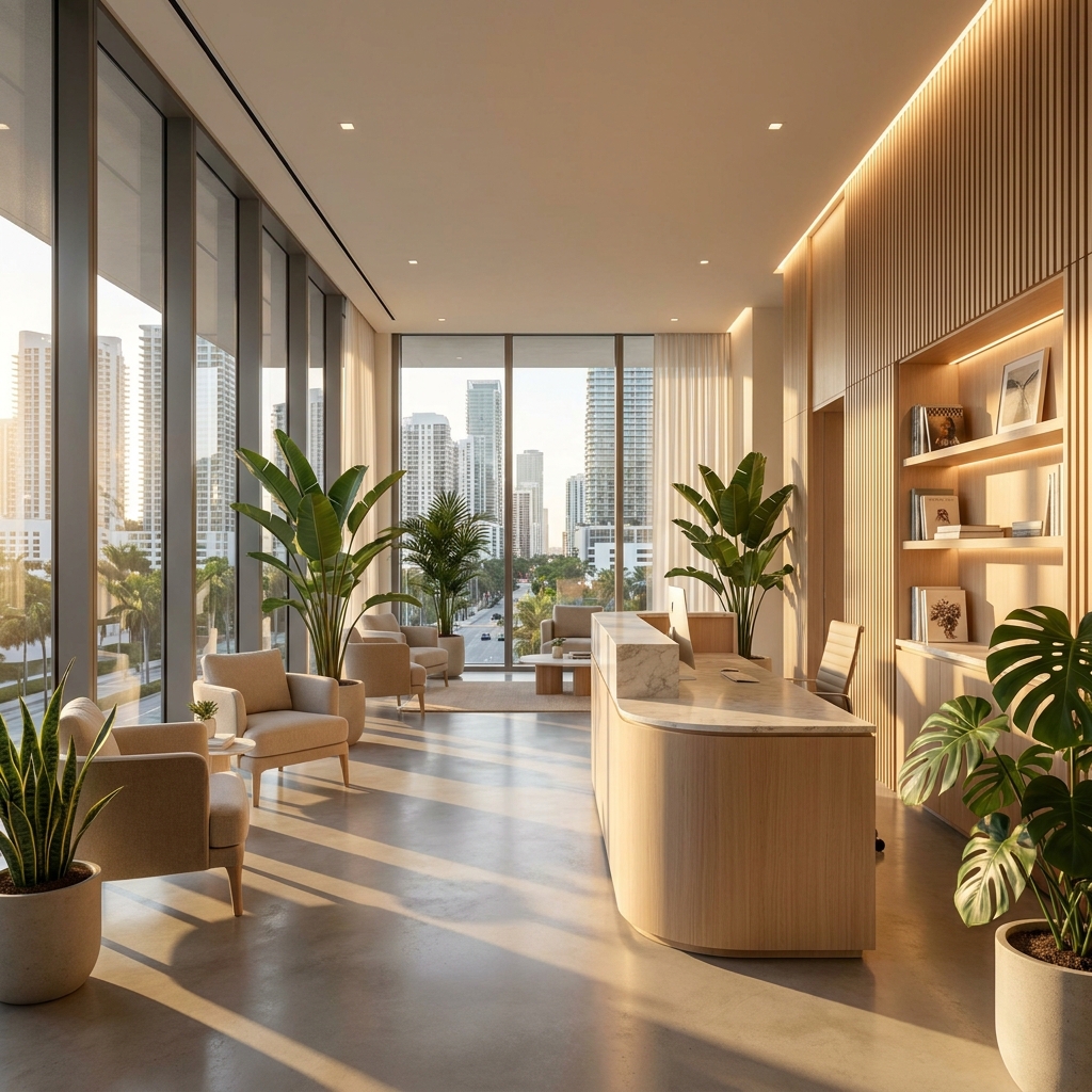 Modern hair restoration clinic Miami Brickell location interior with South Florida skyline views