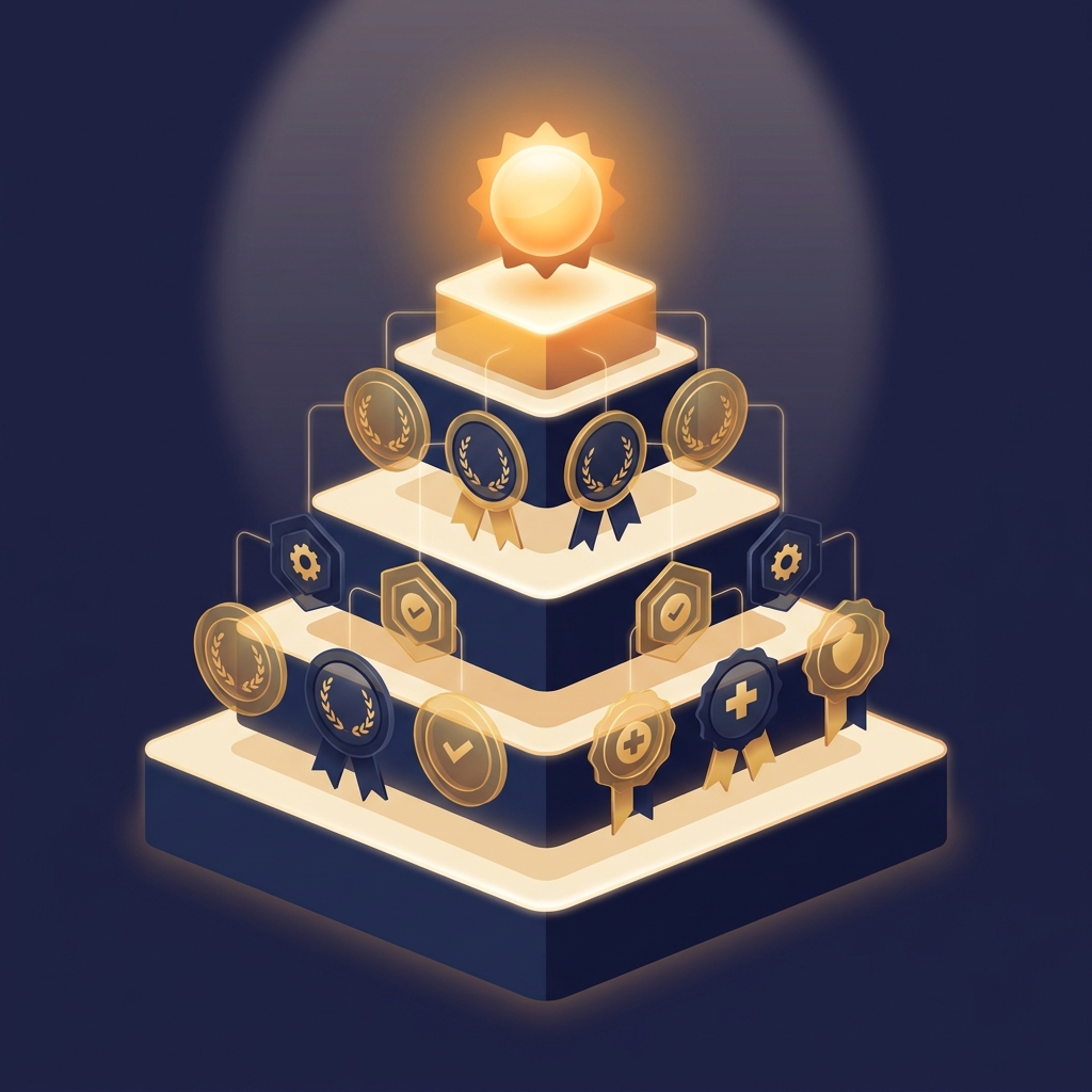 Illustrated credential hierarchy pyramid representing hair transplant surgeon credentials and board certification tiers