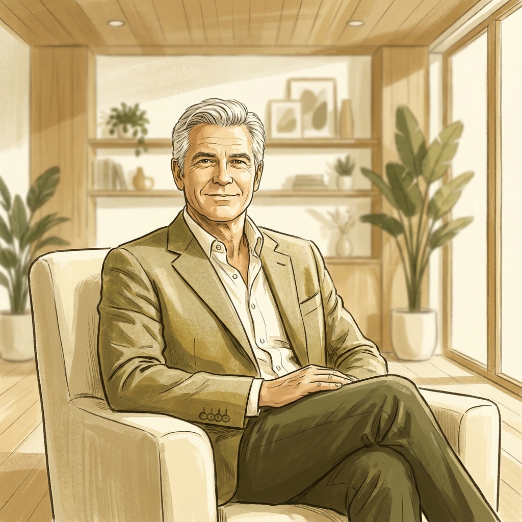 Confident older man with full natural hair in a modern consultation room, representing hair transplant candidacy for patients over 60.