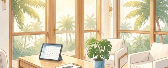 Modern South Florida consultation office with scheduling tablet, representing hair restoration consultation appointment booking.