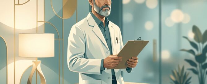 Confident hair transplant surgeon in a modern consultation office, representing how many procedures a surgeon should perform annually.