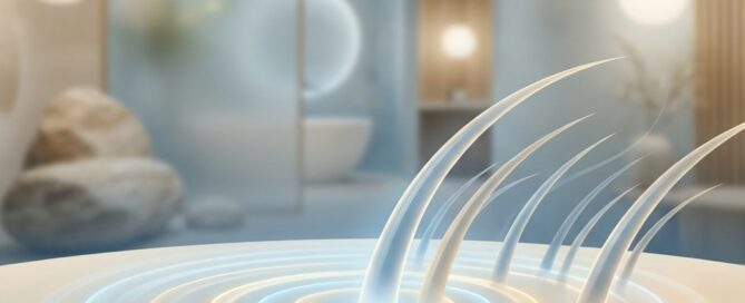 Stylized illustration representing Alma TED transepidermal drug delivery hair restoration with sound wave visualization