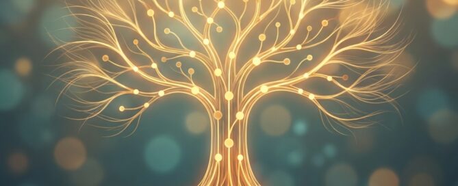 Stylized family tree illustration with hair-like strands representing hereditary hair loss pattern baldness genetic prediction