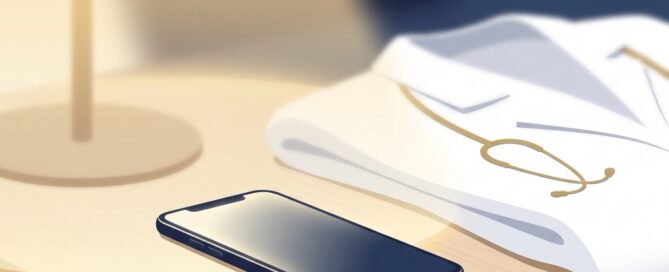 Smartphone beside a doctor's white coat symbolizing hair transplant surgeon personal cell phone access for direct patient communication.